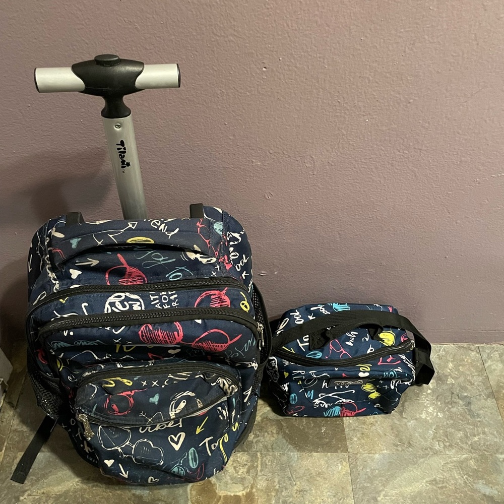 Tilami Navyblue Happy Weekend 18 inch Rolling
Backpack For Kids With Lunch Bag
